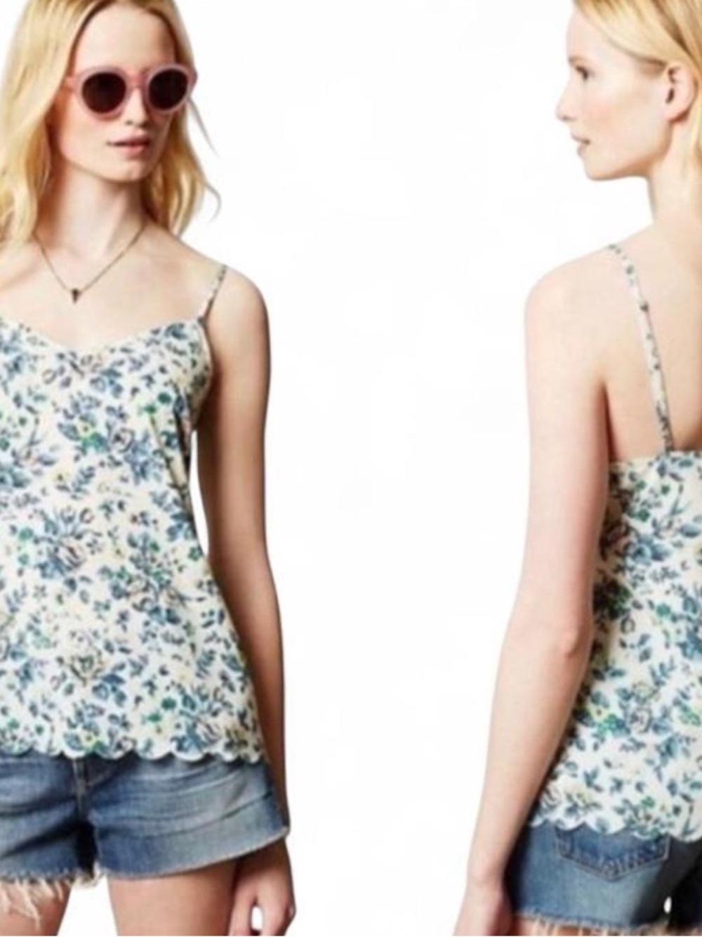 Anthropologie Cream Floral Scallop-Hem Camisole with Blue and Green Print